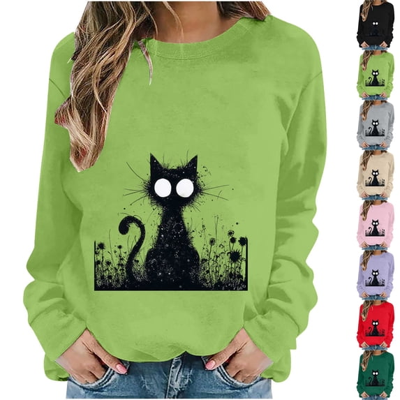 LangJing Black Cat Halloween Sweatshirts for Women Oversized Long Sleeve Tunic Pullover Fall Tops Spooky Season Sweatshirt Purple,XXL