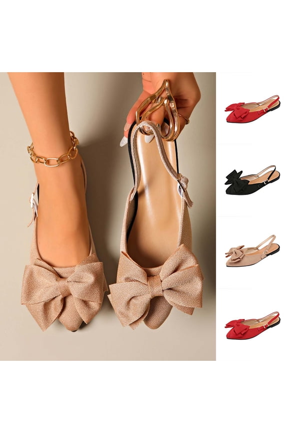 Bow Pointed Toe Dress Flat Shoes for Women Elastic Back Slingback Flats Fashion Casual Adjustable Ankle Strap Shoes Black,39
