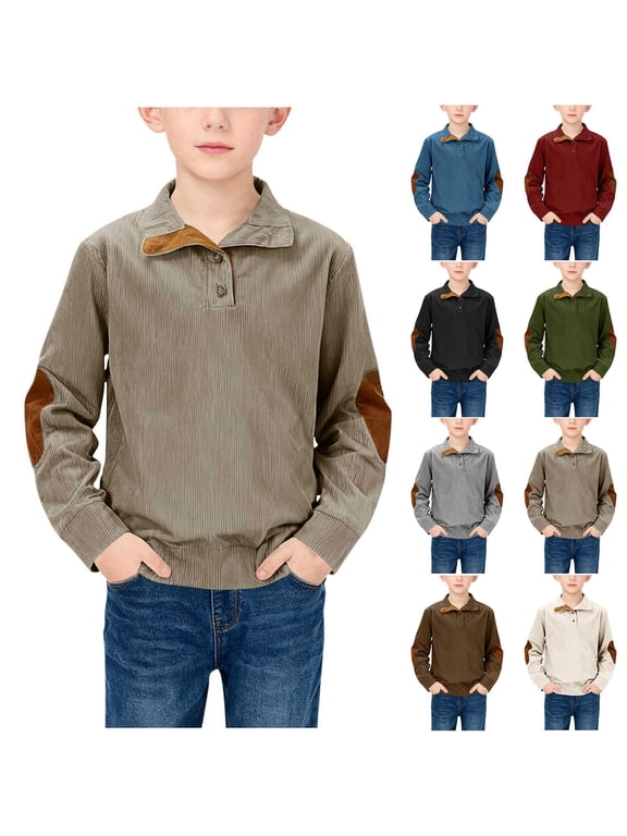 Boys Corduroy Sweatshirts Elbow Patches Mock Neck 1/4 Button Long Sleeve Pullover Sweaters for Youth Big Little Kids, 5-15Years