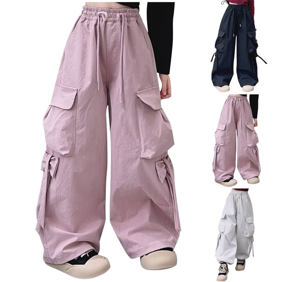 LangJing Boys Girls Y2k Parachute Cargo Pants Preteen Little Big Kids Baggy Wide Leg Trousers for School Hip Hop Dance, 5-16Years Pink,5 Years