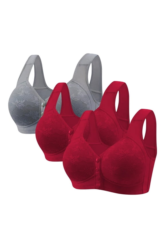 Bras for Women No Underwire Front Closure Bra, Women's Non Magnetic And Non Steel Ring Gathered Bra With Thin Cup And Adjustable Lace Bra Underwear Gray,L