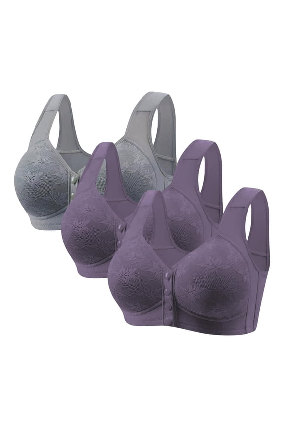 Bras for Women No Underwire Front Closure Bra, Women's Non Magnetic And Non Steel Ring Gathered Bra With Thin Cup And Adjustable Lace Bra Underwear Gray,XXXL