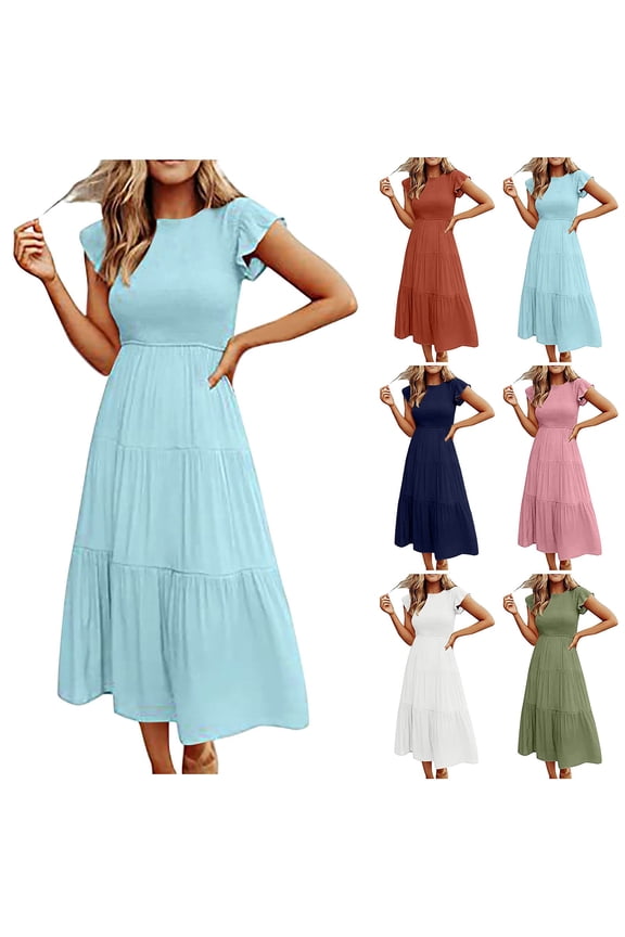 Casual Dresses for Women Petite Flutter Short Sleeve Crew Neck Dress 2026 Summer Smocked Waist Tiered Midi Dress Orange,S
