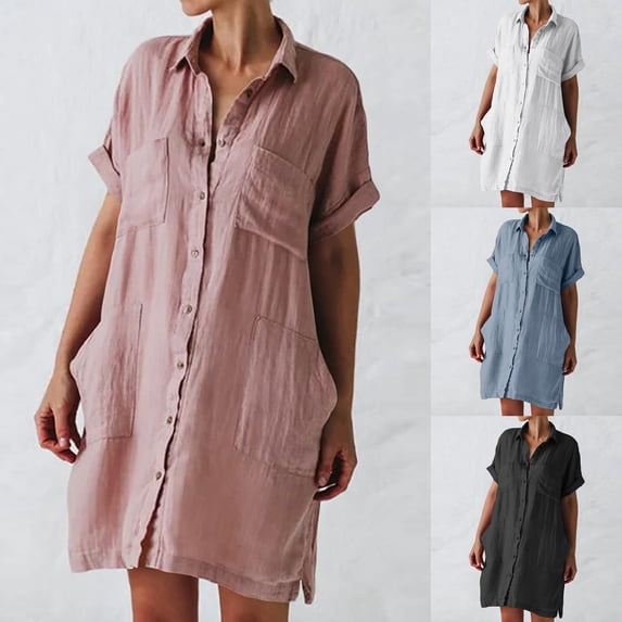 LangJing Casual Dresses for Women Petite Short Sleeve Cotton Linen Mini Dress Plus Size Button Down Shirt Dress with Pockets Blue,S
