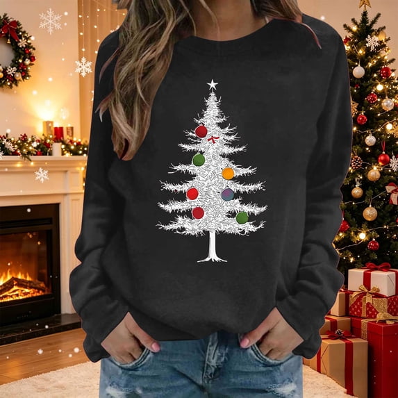 LangJing Christmas Sweatshirts for Women Xmas Tree Graphic Long Sleeve Holiday Tees Crewneck Pullover Tunic Tops