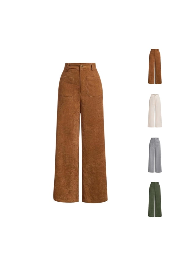 Corduroy Pants Women 2026 Vintage Loose Straight Leg Casual Pants Solid Color Baggy Zip Up Trouser with Pockets Brown,M