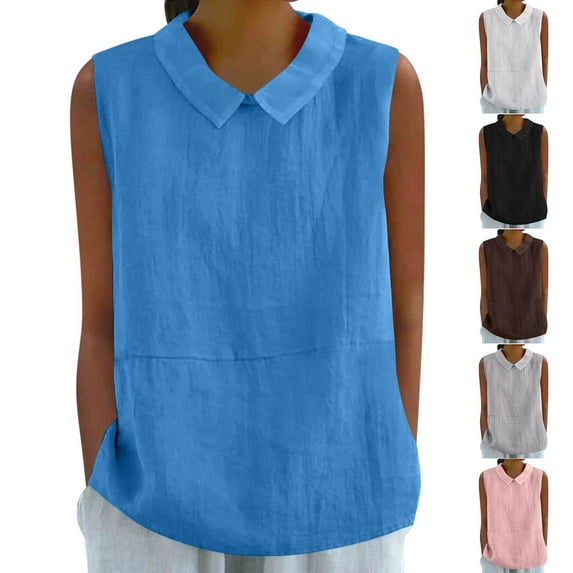 LangJing Cotton Linen Tank Top Women Summer Casual Loose Fit Doll Collar Shirts Solid Color Comfy Sleeveless Gauze Blouse White,S