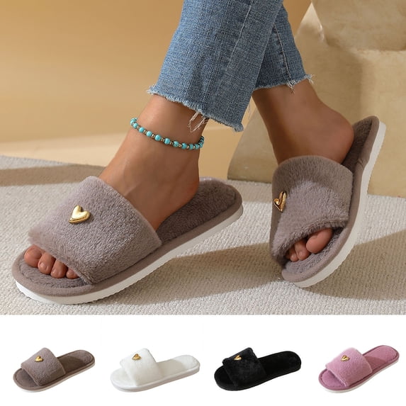 LangJing Cozy Open Toe Fuzzy Slippers for Women Slip-on Memory Foam ...