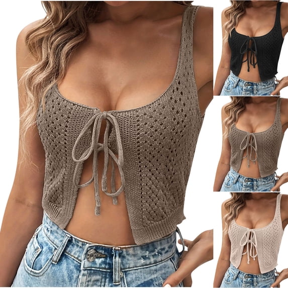 LangJing Crochet Tops for Women Summer Vacation Beach Coverup Going Out Tie Front Spring Sweater Vest 2026 Fashion Sheer Knit Cardigan Black,L