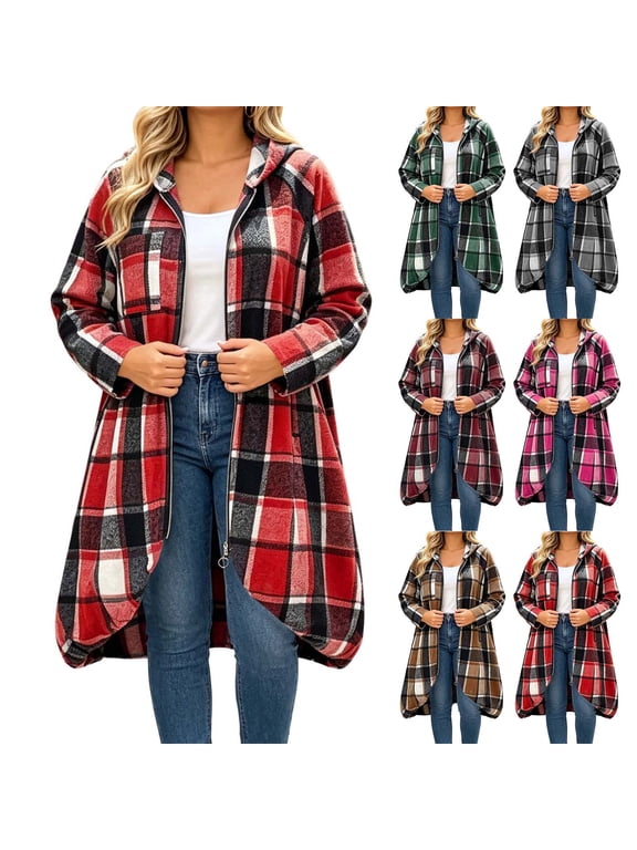 Curved Hems Zip Up Plaid Hoodies for Women Oversized Long Tunic Sweatshirts Fall Winter Long Sleeve Tweed Jacket Coats Green,S