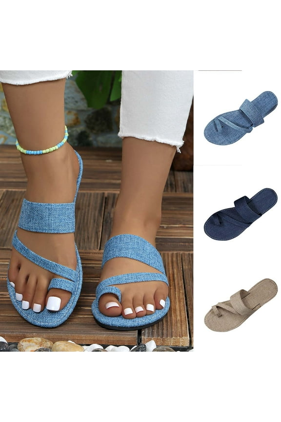 Denim Slides Sandals for Women 2026 Cute Summer Flat Sandal Casual Dressy Toe Ring Strappy Slip on Slide Flats 2026 Dark Blue,37