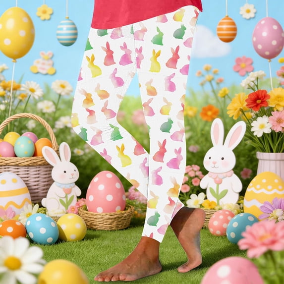LangJing Easter Day Leggings for Women Casual Bunny Eggs Printed Stretchy Tights High Waist Non See Through Tummy Control Workout Yoga Pants Yellow,S