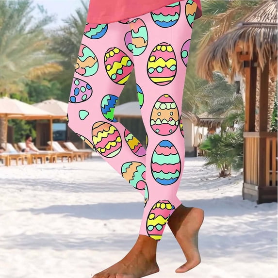 LangJing Easter Day Leggings for Women Easter Bunny Eggs Printed High Waist Workout Leggings Stretchy Tummy Control Yoga Pants Pink,M