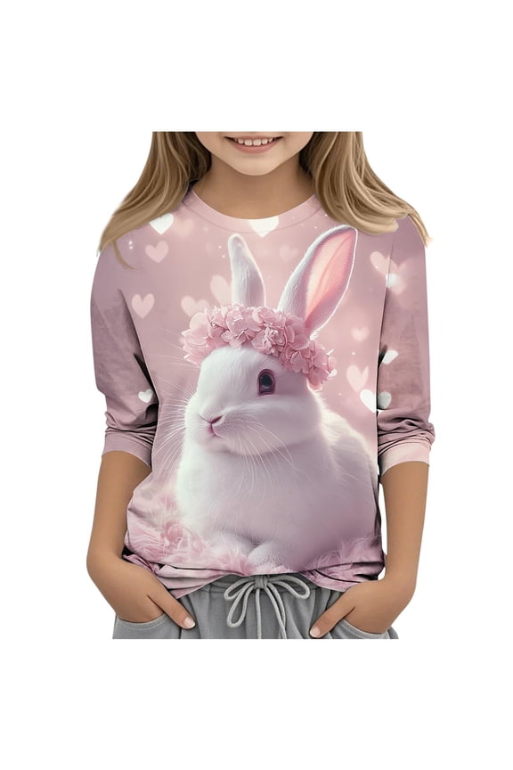 Easter Shirts for Teens 3-13Y 3/4 Length Sleeve Cute Bunny Eggs Printed Graphic T-Shirts Crewneck Basic Tees Top Rabbit T Shirt Multicolor 12-13Years