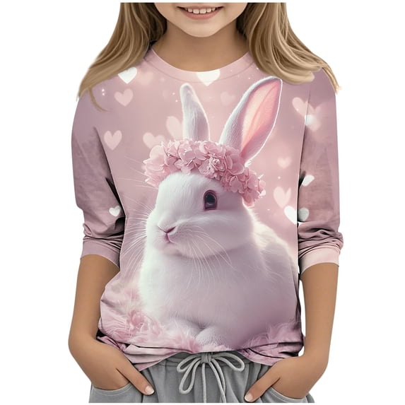 LangJing Easter Shirts for Teens 3-13Y 3/4 Length Sleeve Cute Bunny Eggs Printed Graphic T-Shirts Crewneck Basic Tees Top Rabbit T Shirt Multicolor 12-13Years