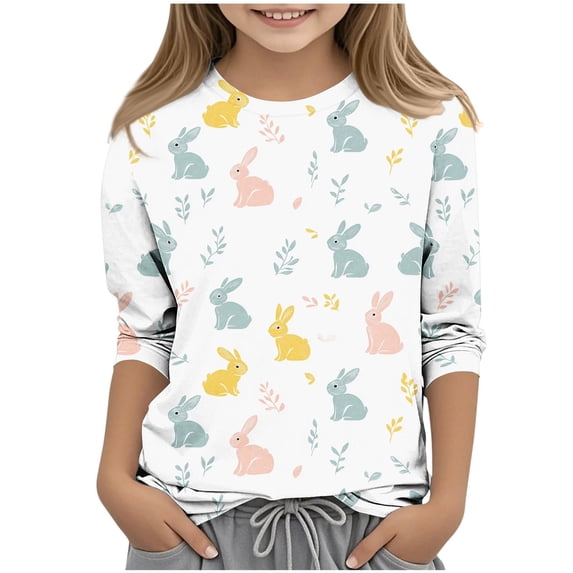 LangJing Easter Shirts for Teens 3-13Y 3/4 Length Sleeve Cute Bunny Eggs Printed Graphic T-Shirts Crewneck Basic Tees Top Rabbit T Shirt Multicolor 3-4Years