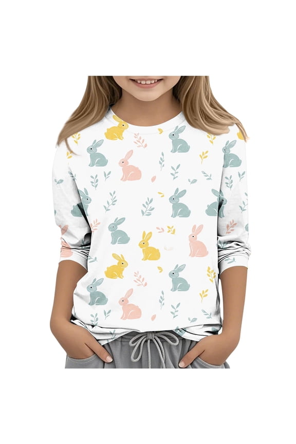 Easter Shirts for Teens 3-13Y 3/4 Length Sleeve Cute Bunny Eggs Printed Graphic T-Shirts Crewneck Basic Tees Top Rabbit T Shirt Multicolor 5-6Years