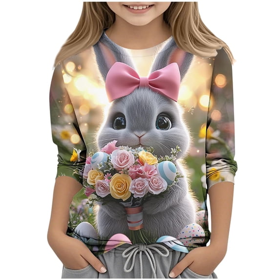 LangJing Easter Shirts for Teens 3-13Y 3/4 Length Sleeve Cute Bunny Eggs Printed Graphic T-Shirts Crewneck Basic Tees Top Rabbit T Shirt Multicolor 9-10Years