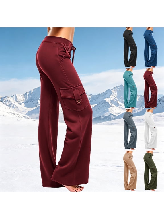 Fleece Lining Bootcut Yoga Pants Women Winter Thermal Flare Leggings Multi Pockets High Waisted Gym Hiking Streetwear
