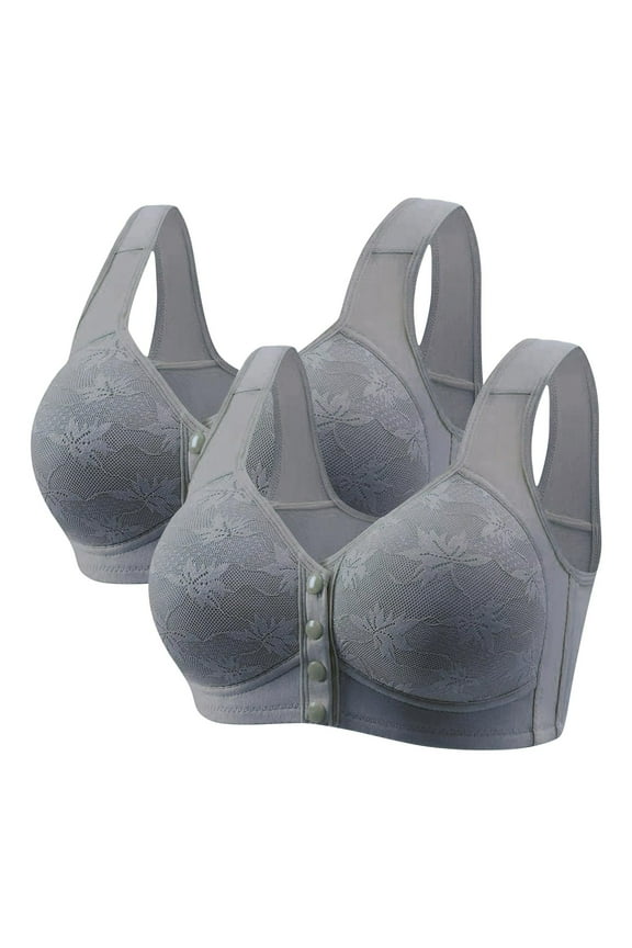 Front Closure Wireless Bras for Women No Underwire, Women's Non Magnetic And Non Steel Ring Gathered Bra With Thin Cup And Adjustable Lace Bra Underwear Gray,M