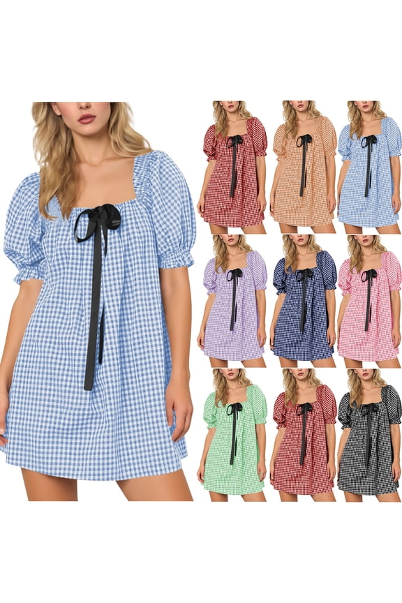 Gingham Dress for Women Trendy Puff Sleeve Square Neck Mini Dresses Summer Bow Trim Cute Dress Ladies Casual Dresses Red,S