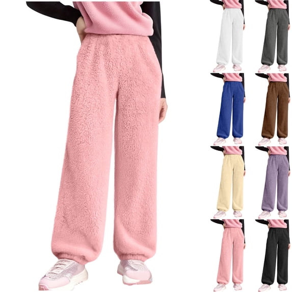 LangJing Girl's Fuzzy Plush Pants Elastic Waist Baggy Sweatpants Kids Winter Warm Fluffy Soft Fleece Pants Loungewear, 5-15Years