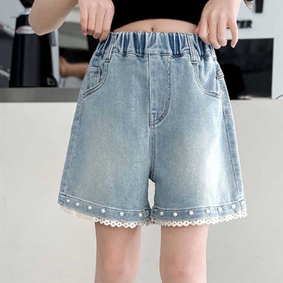 LangJing Girl's Jean Shorts Summer Trendy Denim Jorts with Pearl Detail Lace Trim Cute Shorts High Waist Straight Leg Jeans 5-15Y Light Blue,7-8Years