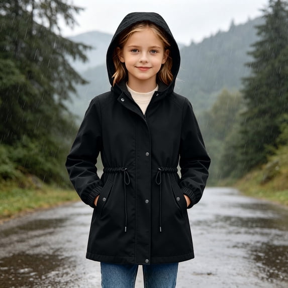 LangJing Girls Waterproof Packable Rain Jacket Kids Windproof Adjustable Waist Hooded Raincoat Lightweight Windbreaker, 5-16Years