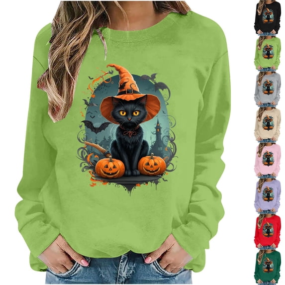 LangJing Halloween Spooky Season Sweatshirts Women Black Cat Pumpkin Graphic Long Sleeve Shirt Oversized Pullover Fall Tops Khaki,S