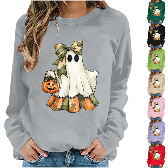 LangJing Halloween Sweatshirts for Women Crewneck Long Sleeve Shirts Spooky Ghost Pumpkin Graphic Fall Tunic Tops Black,XXL