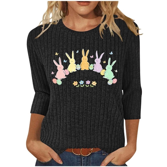 LangJing Happy Easter Day 3/4 Length Sleeve Womens Tops Summer Cute Bunny Rabbit Graphic Blouses Ribbed Knit Dressy Casual Tunic Shirts Black XXL