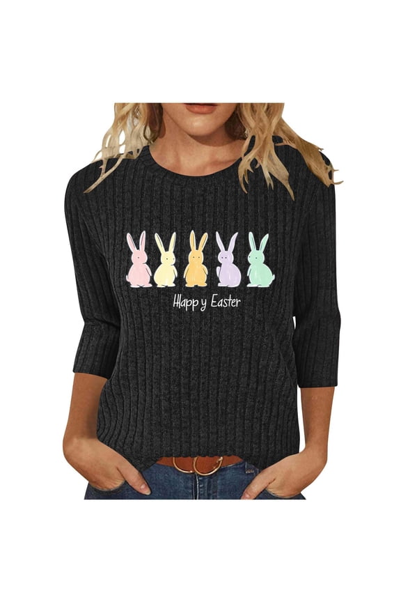 Happy Easter Sweaters for Women Round Neck 3/4 Sleeve Cute Bunny Eggs Printed Pullover Ribbed Knit Shirts Dressy Casual Tunic Blouse Black XL