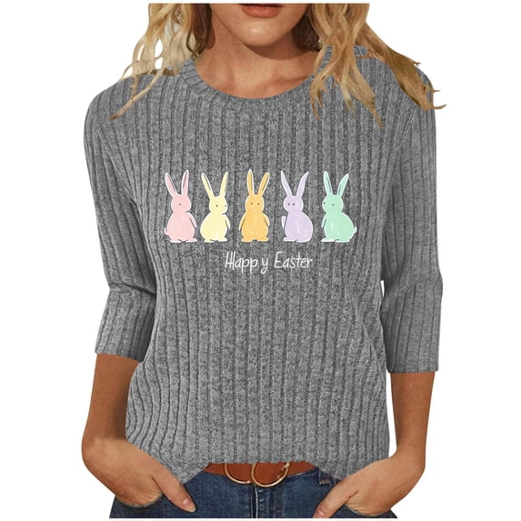 LangJing Happy Easter Sweaters for Women Round Neck 3/4 Sleeve Cute Bunny Eggs Printed Pullover Ribbed Knit Shirts Dressy Casual Tunic Blouse Gray XL