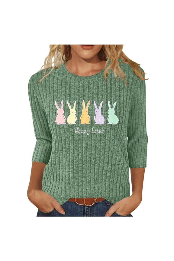 Happy Easter Sweaters for Women Round Neck 3/4 Sleeve Cute Bunny Eggs Printed Pullover Ribbed Knit Shirts Dressy Casual Tunic Blouse Green L