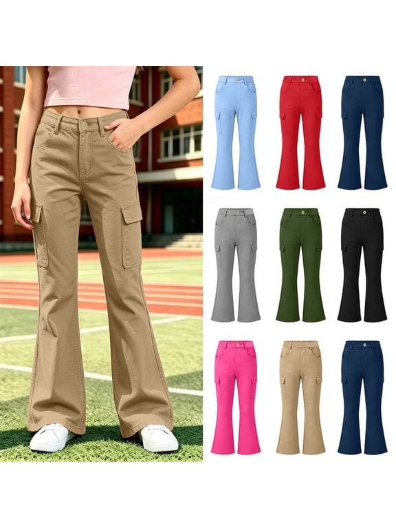 Khaki Uniform Pants for Girls School Uniform Pants Teen Kids Elastic Waist Flared Cargo Pants Bell Bottom Pant, 5-15Years