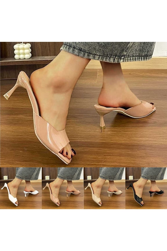 Kitten Heels for Women Low Heels Stiletto Heeled Slides Casual Dressy Pom Party Vacation Sandals Square Toe Slip-Ons Black,35