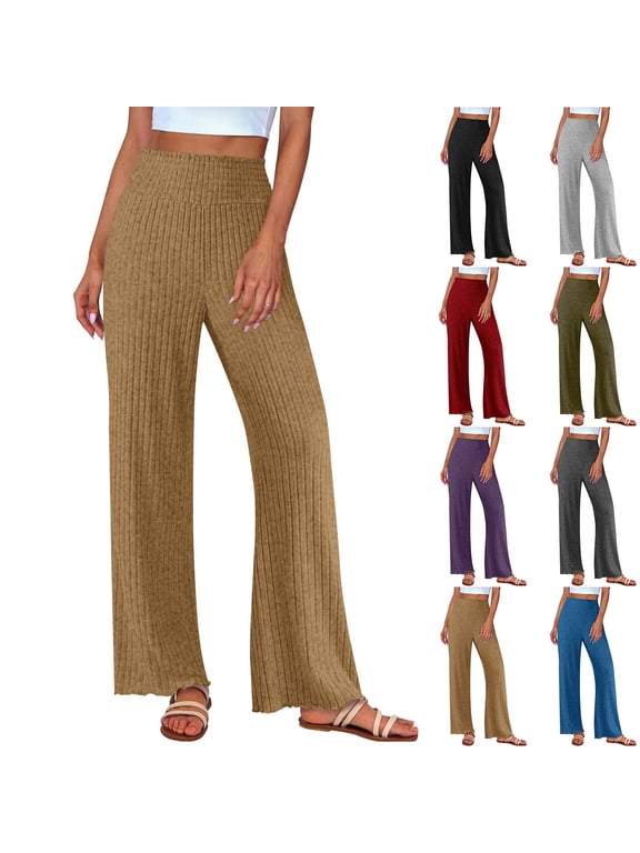 Knitted Ribbed Pants Women Elastic High Waisted Wide Leg Pajamas Pants Casual Loose Fit Plain Trouser for Ladies Black,M