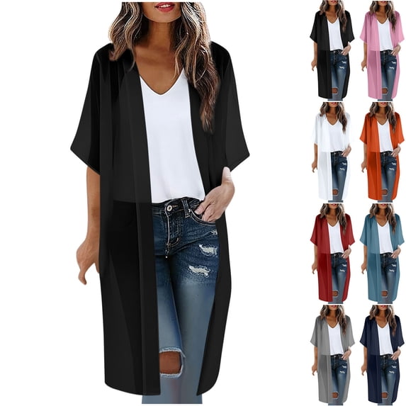 LangJing Long Chiffon Cardigans for Women Summer Lightweight Half Sleeve Kimono Cover Ups Spring Open Front Cardigan Blue,XXXXXL
