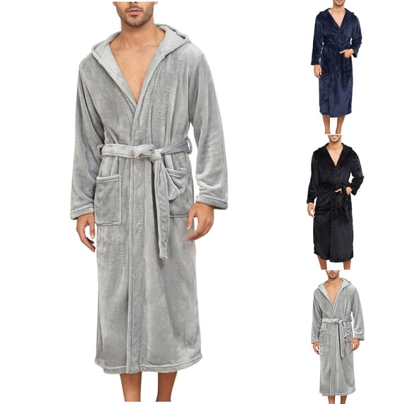 LangJing Long Fleece Bathrobe for Mens Hooded Robe Warm Cozy Quick Dry Plush Spa Towel Robes Loungewear with Pockets Gray,M