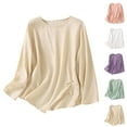thumbnail image 1 of LangJing Long Sleeve Shirts for Women Dressy Casual Loose Comfy Crew Neck Linen Blouse 2026 Summer Side Shirred Solid Tops Purple,L, 1 of 7