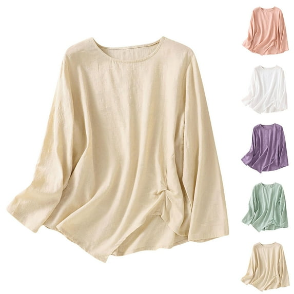 LangJing Long Sleeve Shirts for Women Dressy Casual Loose Comfy Crew Neck Linen Blouse 2026 Summer Side Shirred Solid Tops Purple,L
