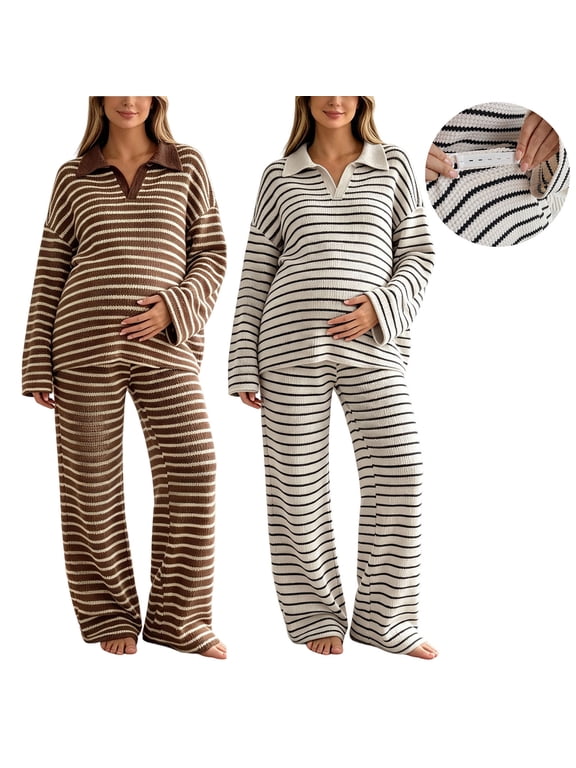 Maternity 2 Piece Outfits Pregnancy Striped Set Postpartum Loose Matching Sets Long Sleeve Top+Wide Leg Pants Pregnancy Lounge Sleepwear Beige,XL