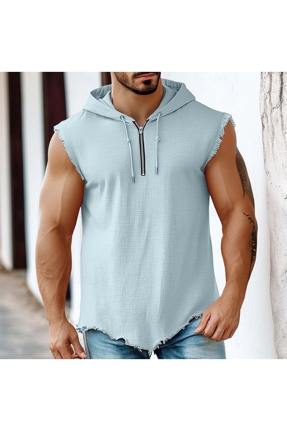 Men Cotton Linen Tank Tops Sleeveless Zip Up Hoodie Workout Gym Athletic Running Muscle Shirts Lightweight Drawstring Jacket Blue,XXL