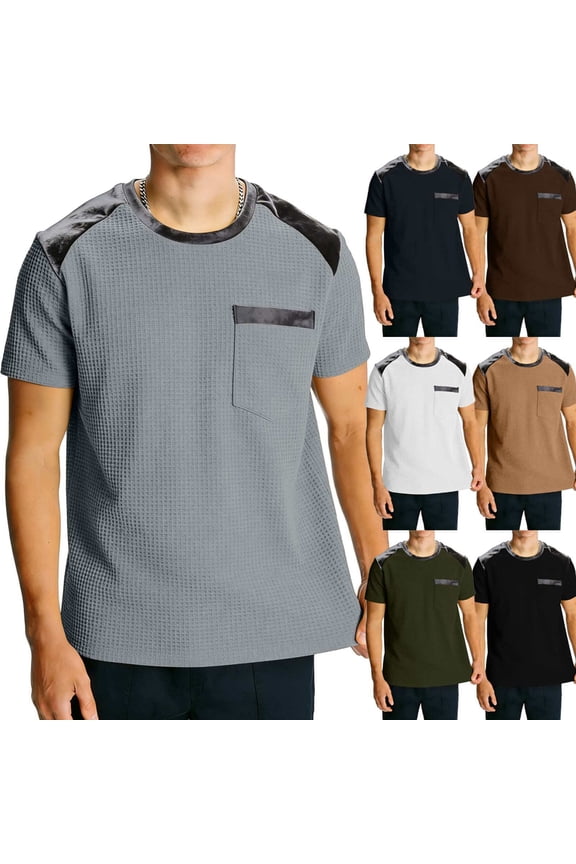 Men's Casual T Shirts Summer Crewneck Short Sleeve Tops Vintage Waffle Patchwork Shirt Pullover Tee Gray,L