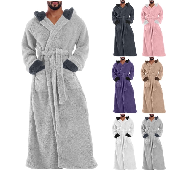 LangJing Mens Plush Hooded Robes Full Length Fleece Hooded Bathrobe Thick Warm Cozy Bath Shower Robe Absorbent Quick Dry Outdoor Purple,XXL