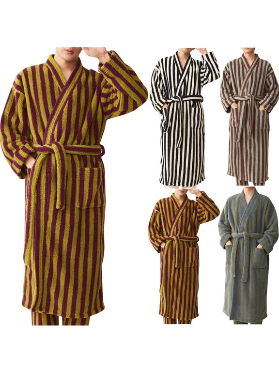 Mens Striped Plush Fleece Robe, Highly Absorbent Cozy Warm Bathrobe Fuzzy Shower Spa Bath Long Robes with Pockets Purple,XL
