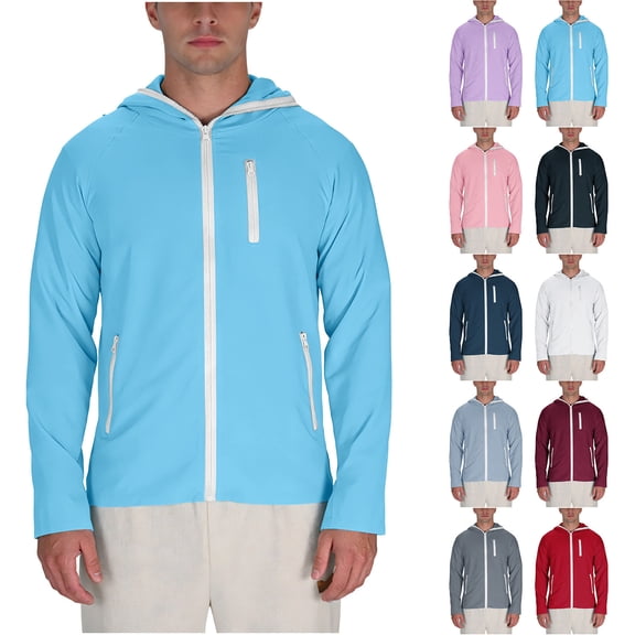 LangJing Mens UPF 50+ Sun Protection Jacket Hooded Cooling Shirt Full Zip Athletic Jacket for Outdoor Hiking with Pocket Light Blue,S