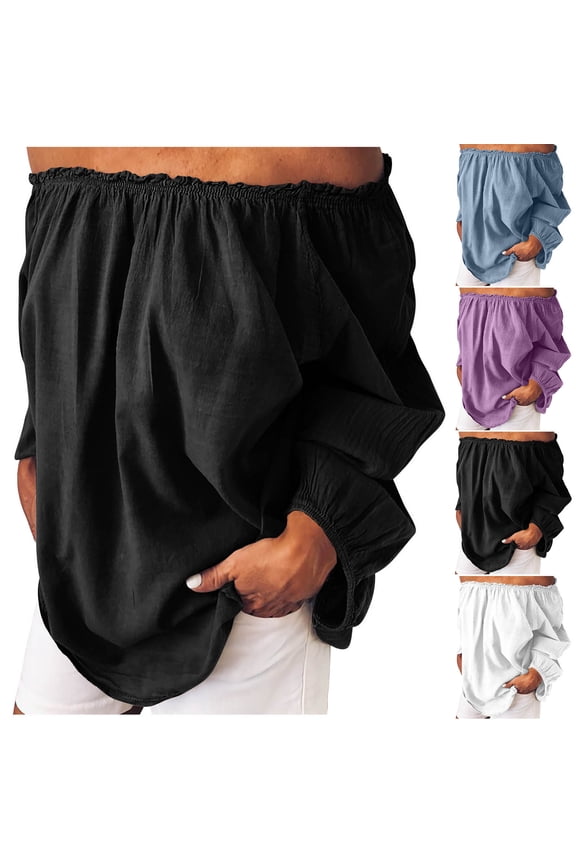 Off the Shoulder Tops for Women Plus Size Long Sleeve Shirts Summer Casual Loose Comfy Cotton Linen Gauze Blouse White,M