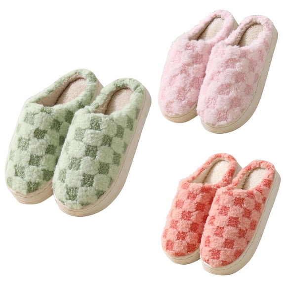 LangJing Plaid Fuzzy Slippers for Women Warm Memory Foam House Shoes Indoor Outdoor Home Slippers Green,38