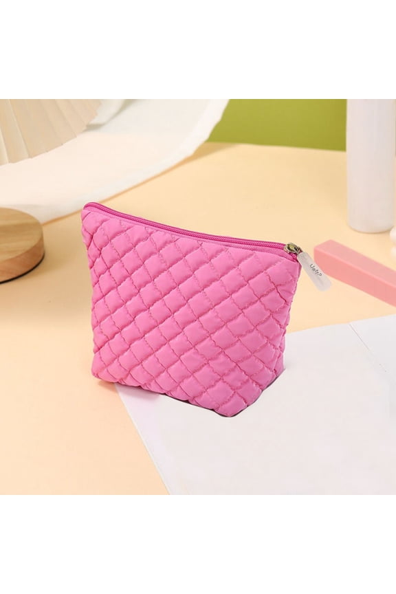 Puffer Quilted Makeup Bag with Handle, Cute Puffy Cotton Cosmetic Bags for Women, Checkered Toiletry Zipper Pouch, Travel Essentials Storage Organizer Clutch Pouches Pencil Case